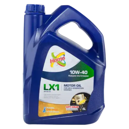 A 5-liter container of Homo 10W-40 motor oil, designed for engine lubrication and protection