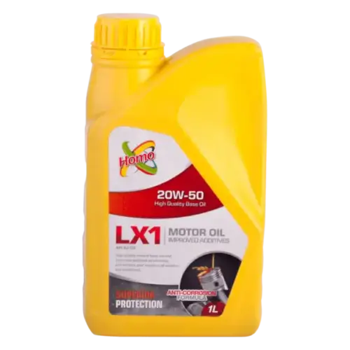 Five-liter bottle of Homo 20W-50 engine oil, designed to reduce wear and extend engine life.