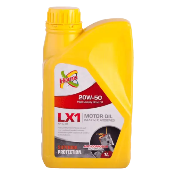 Five-liter bottle of Homo 20W-50 engine oil, designed to reduce wear and extend engine life.