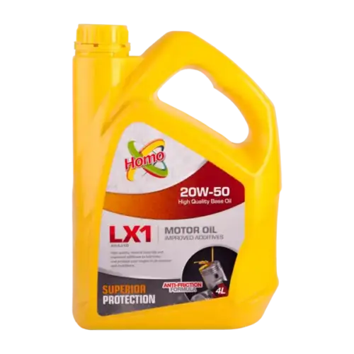 omo 20W-50 motor oil 5L container, suitable for petrol and diesel engines under heavy conditions.