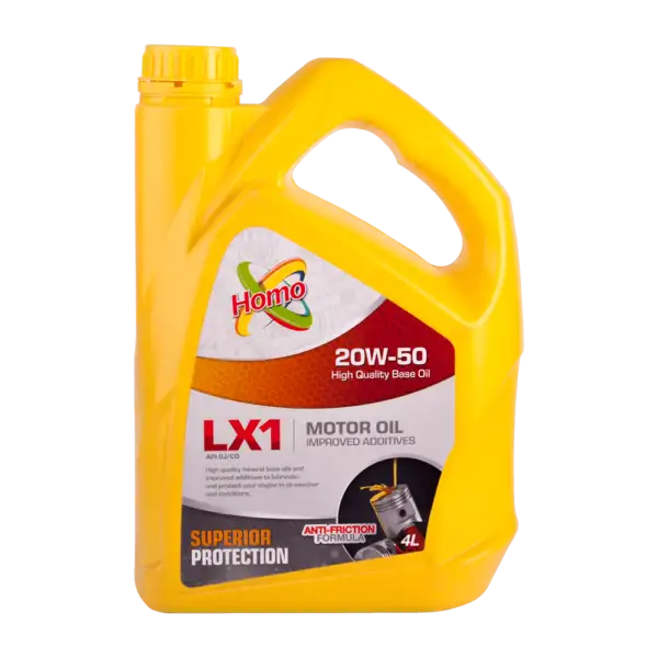 omo 20W-50 motor oil 5L container, suitable for petrol and diesel engines under heavy conditions.