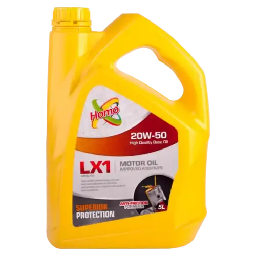 A 5-liter container of Homo 20W-50 motor oil, formulated for high-performance engine protection.