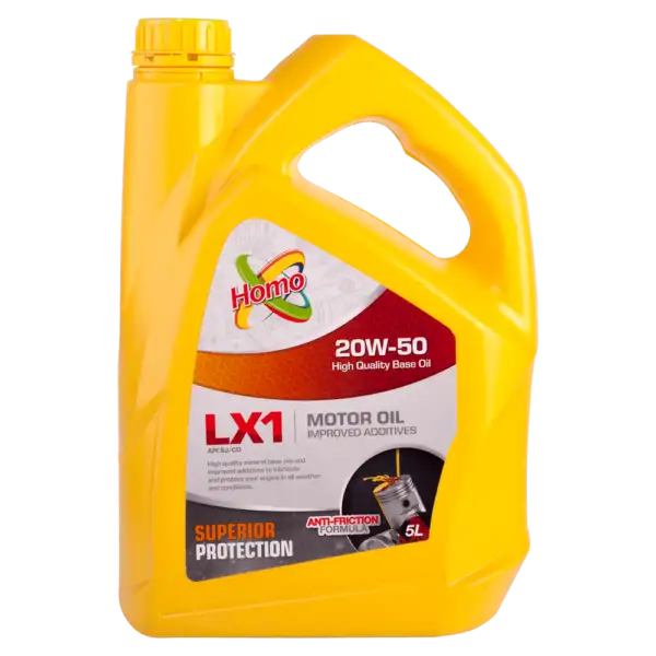 A 5-liter container of Homo 20W-50 motor oil, formulated for high-performance engine protection.
