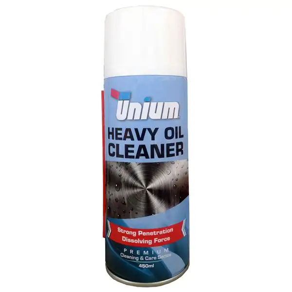 Heavy oil cleaner bottle with liquid solution for removing tough oil stains.